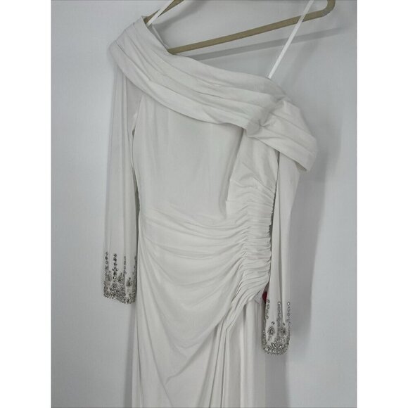 Mac Duggal Womens Sz 8 White Beaded Cuff Drop Shoulder Faux Wrap Gown Dress New - Picture 6 of 13